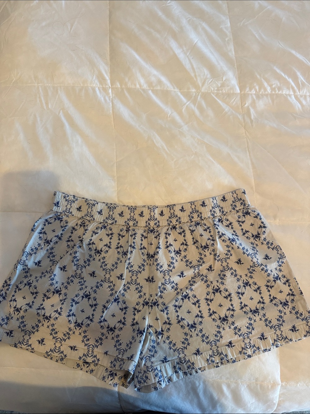 ThirdLove Cream High-Waist Shorts with Blue Floral Pattern